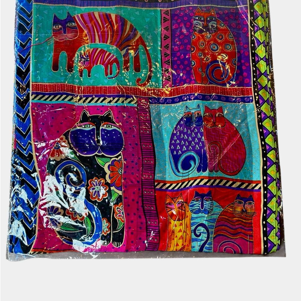 Laurel Burch Silk Art Scarf “Feline Collage” LBS171 Fringe NWT